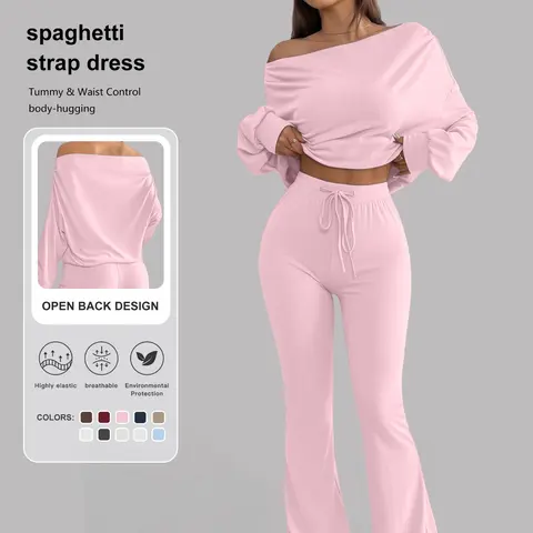 2-Piece Sporty Suit, Long Sleeve Off-Shoulder Top & High Waist Drawstring Pants, Yoga Fitness, Casual Style, Spring Summer Fall Winter