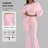 2-Piece Sporty Suit, Long Sleeve Off-Shoulder Top & High Waist Drawstring Pants, Yoga Fitness, Casual Style, Spring Summer Fall Winter