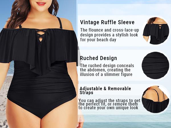Daci Women Plus Size One Piece Swimsuits Tummy Control Ruffle Off Shoulder Bathing Suits