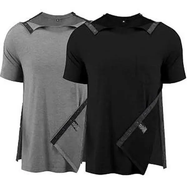 Men's Post Shoulder Surgery Short Sleeve Tear Away Shirt with Full Snap Open Front – Chemo Port Access Tee for Rotator Cuff Recovery(Gift)