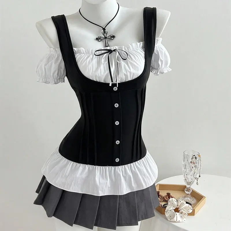 French Style Cute Women Summer Slim Fit Two-Piece Lace Bow Short Sleeve Shirt, Fashion Fitted Blouse, Patchwork Design, Fitted Casual Top