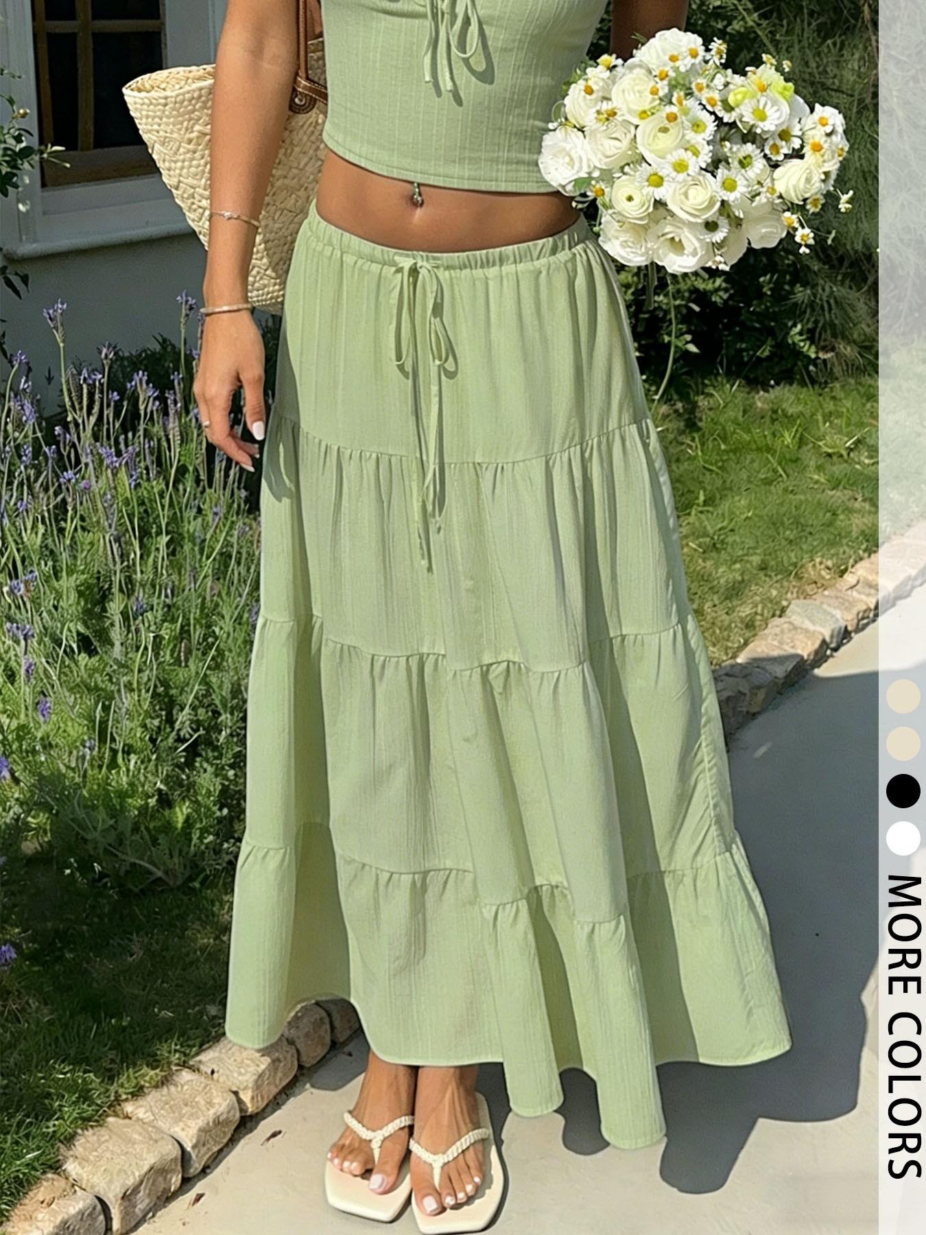 Women's Textured White Ruffled Maxi Skirt, Boho Elastic Waist Tiered Long Skirt For Summer Outings & Casual Fashion