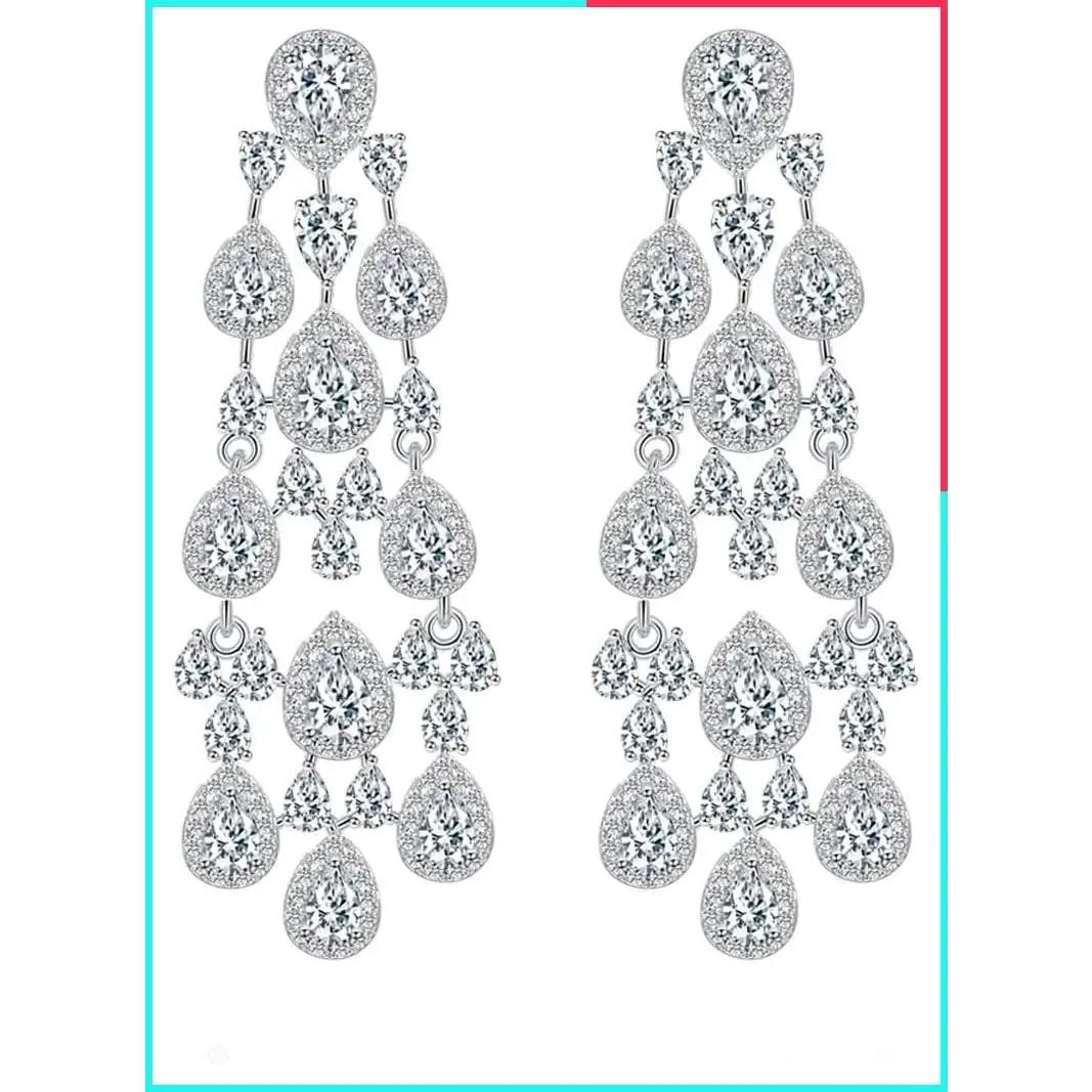 Luxury Crystal Chandelier Drop Earrings, Clear Cubic Zirconia Teardrop Dangle, Bridal Wedding Party Statement Jewelry