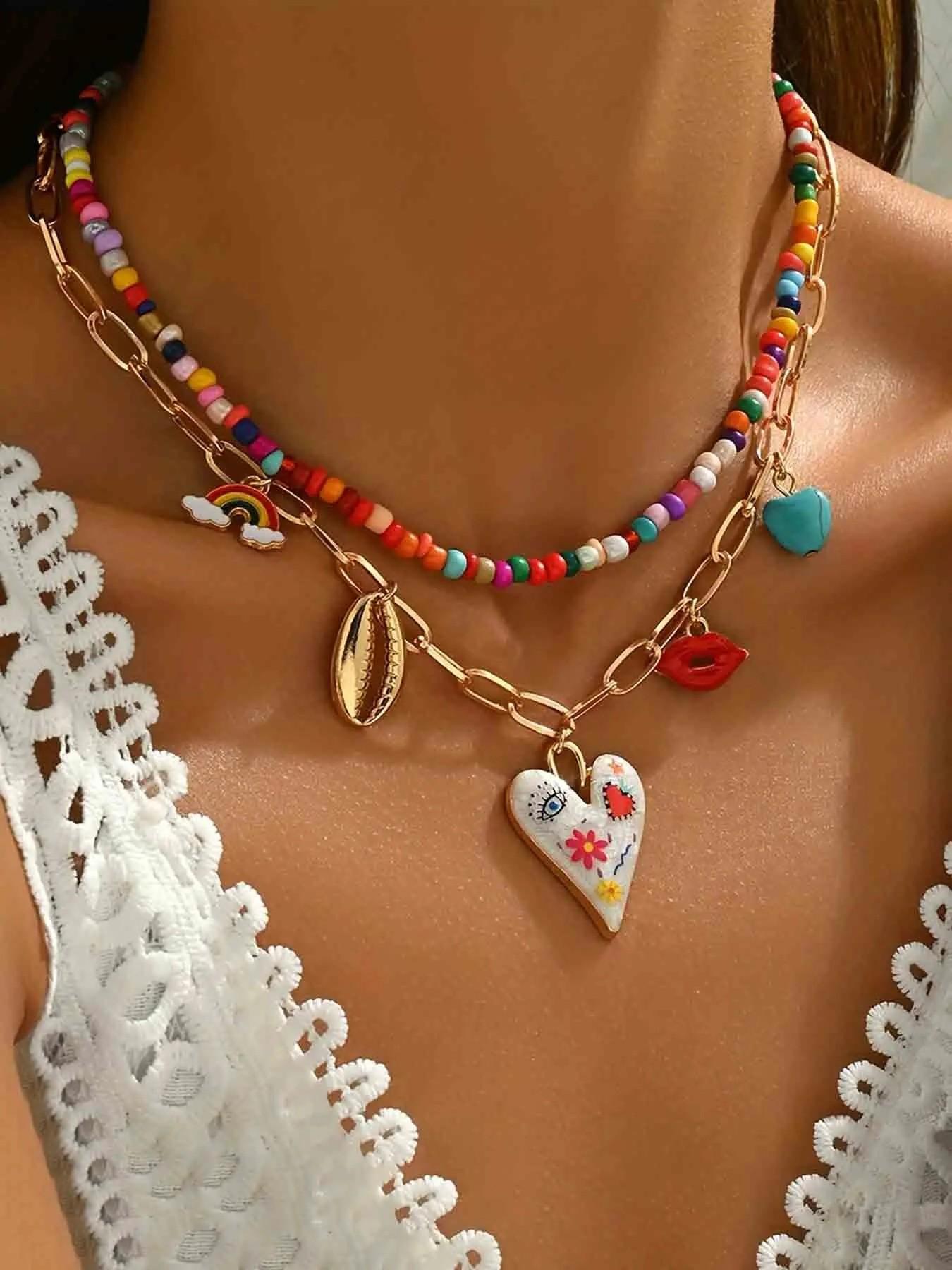 2pcs Y2K Colorful Beaded Layered Alloy Pendant Necklace Set, Bohemian Graffiti Heart Rainbow Multi-Charm, Fashionable Women's Jewelry