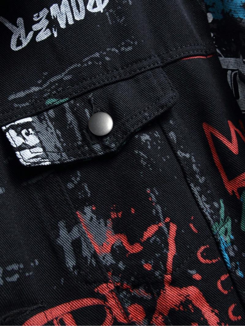 Men's Graffiti Letter Print Denim Jacket, Loose Casual Street Comfy Long Sleeve Outerwear for Daily Wear, Menswear for All Seasons, Coats