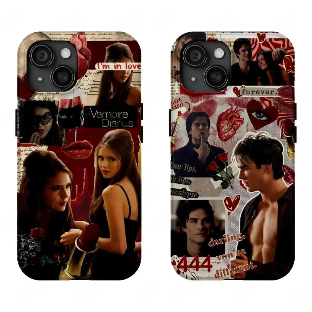 Vintage Grunge Vamp1re Diaries Dam0n Salvatore Collage Phone Case - Dark Romantic Heart Rose Flat Print, Impact Resistant for iPhone 17 ProMax,16-11 and for Samsung S22-S26 Ultra, Best Gift for TV Fans