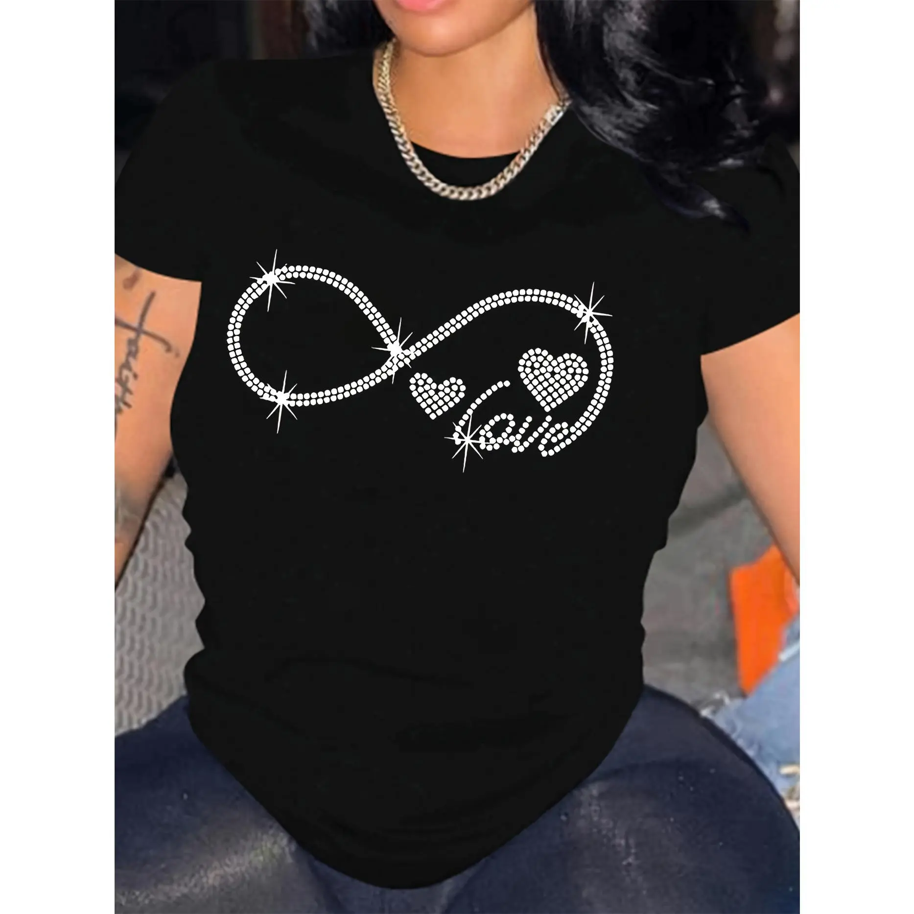 Romantic Infinity Love Heart Faux Rhinestone Effect Graphic Tee - Standard Pure Cotton Tshirt | Front Print Sparkle Love Top for Women & Men, Short Sleeve Crewneck Regular Fit for Daily Wear and Dating