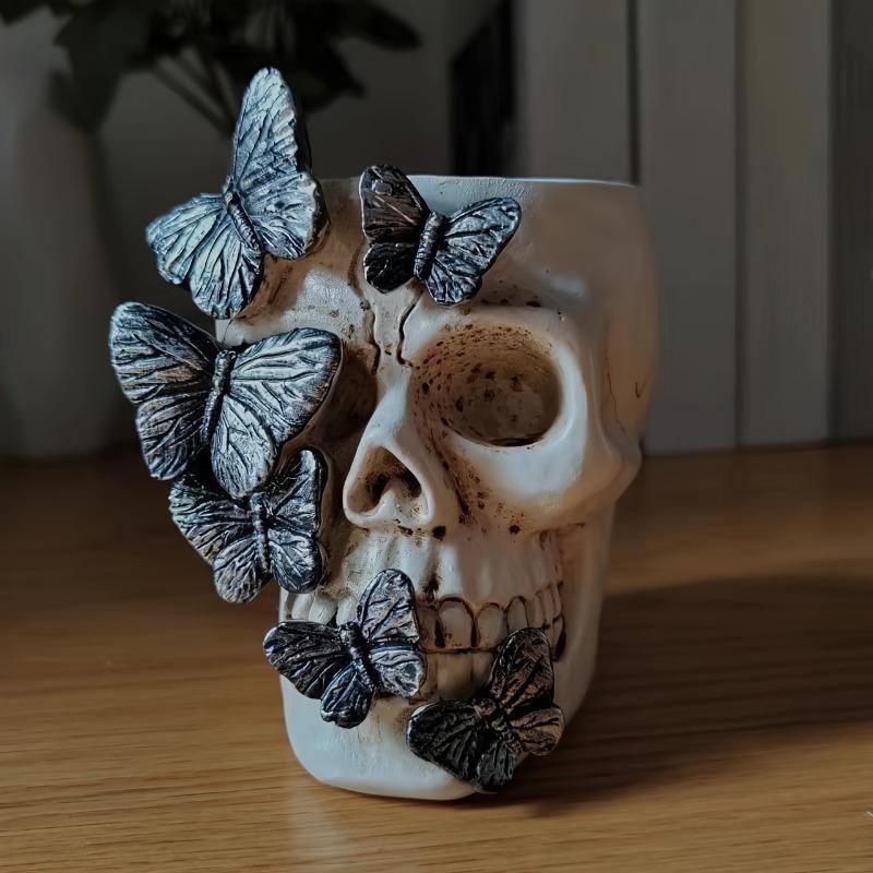 Halloween Butterfly Skull Pen Holder, Creative Resin Craft, Unique Desktop Decoration, Halloween Home Office Accessory, Perfect Gift, Pen Cup