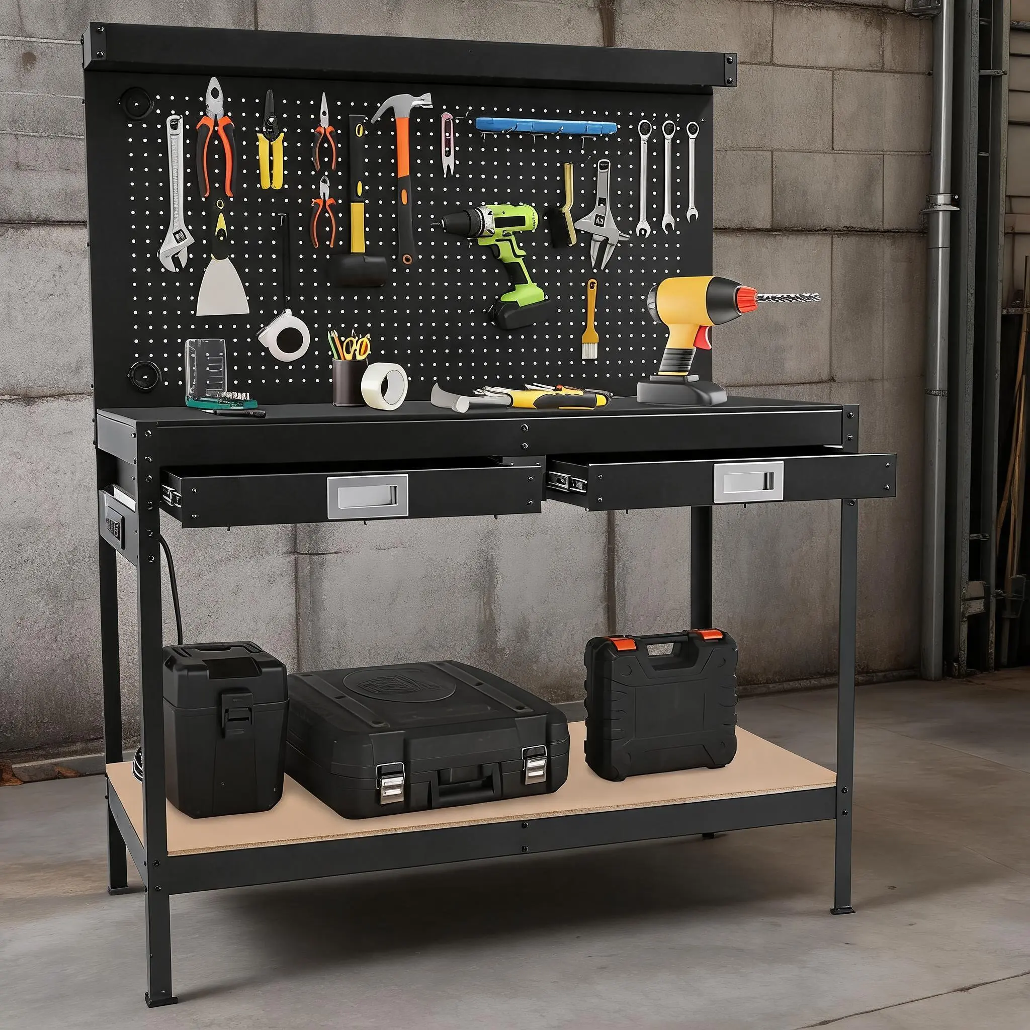 2-Tier Garage Workbench – 49×23×61", 332lbs – Drawers, Pegboard & Power Outlets – Heavy Duty Steel – for Workshop/DIY – Black