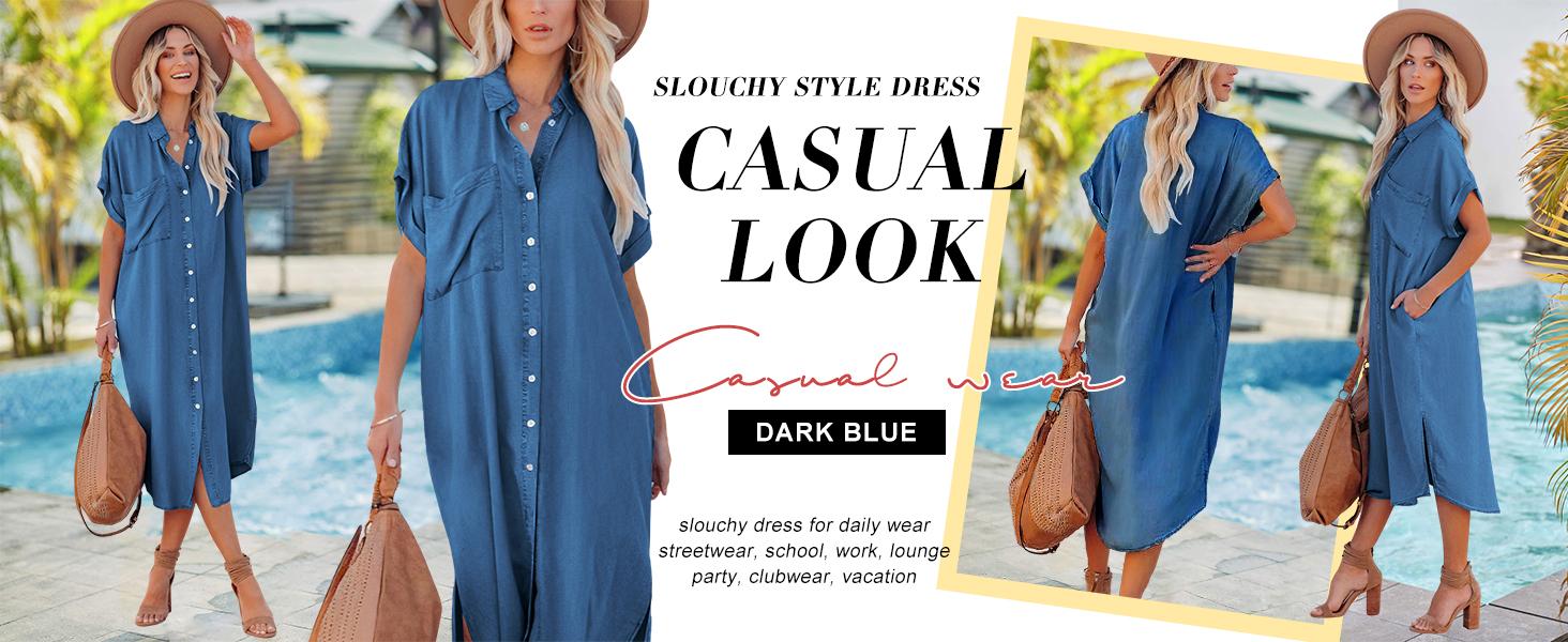 Chouyatou Women's Summer Loose Hand Pocket Midi Long Tunic Denim Shirt Dress Comfort SpringStatements