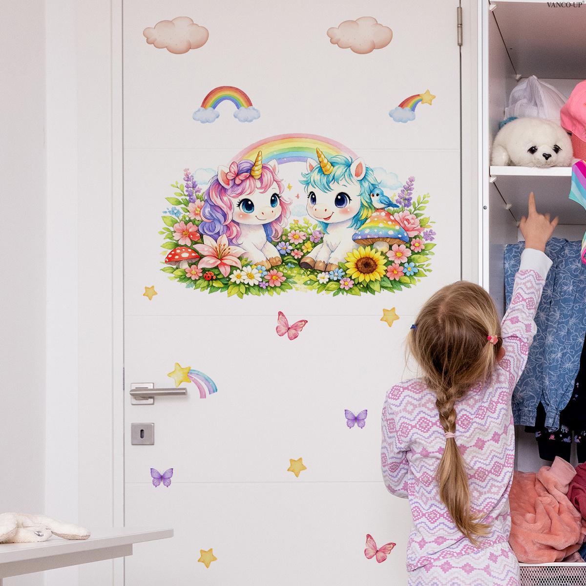 1Pc (30*60cm) Macaron Dreamy Unicorn Wall Sticker, Rainbow Butterfly Wall Decals for Kids Bedroom Decorations Living Room Decor