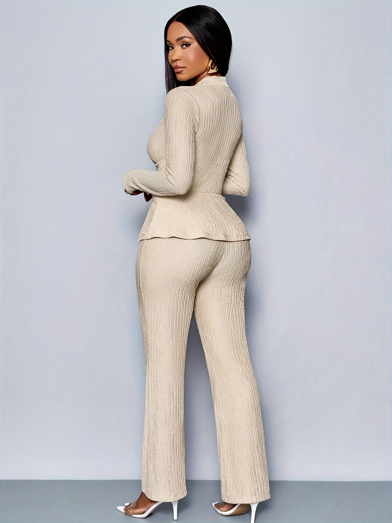 Women's Apricot Color Elegant V-Neck Long Sleeve Asymmetrical Hem T-Shirt & Wide-Leg Pants Two Piece Set, Casual Daily Wear