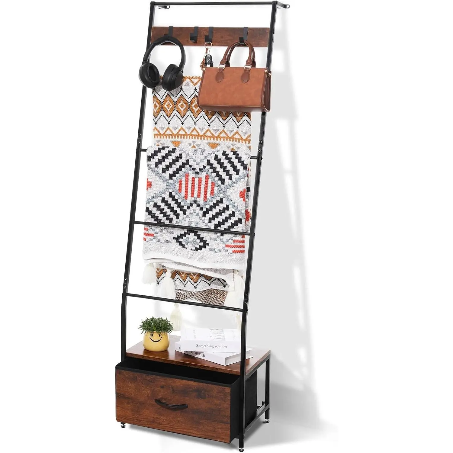 Metal Blanket Ladder with Storage Drawer, 5 Tier Black Blanket Ladders for the Living Room with Hooks, 5.2ft Wall Leaning Quilt Ladder for Blankets, Towels & Throws, Farmhouse Decor