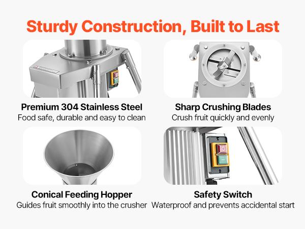 VEVOR 1100W Electric Fruit Apple Crusher, SUS304 Freestanding Crushing Machine, Grinds Whole Apples Up to 3.15 Dia, 164 KG/H Capacity, Cider Press for Apples, Pears, Pineapple, Guava, Carrot, Potato