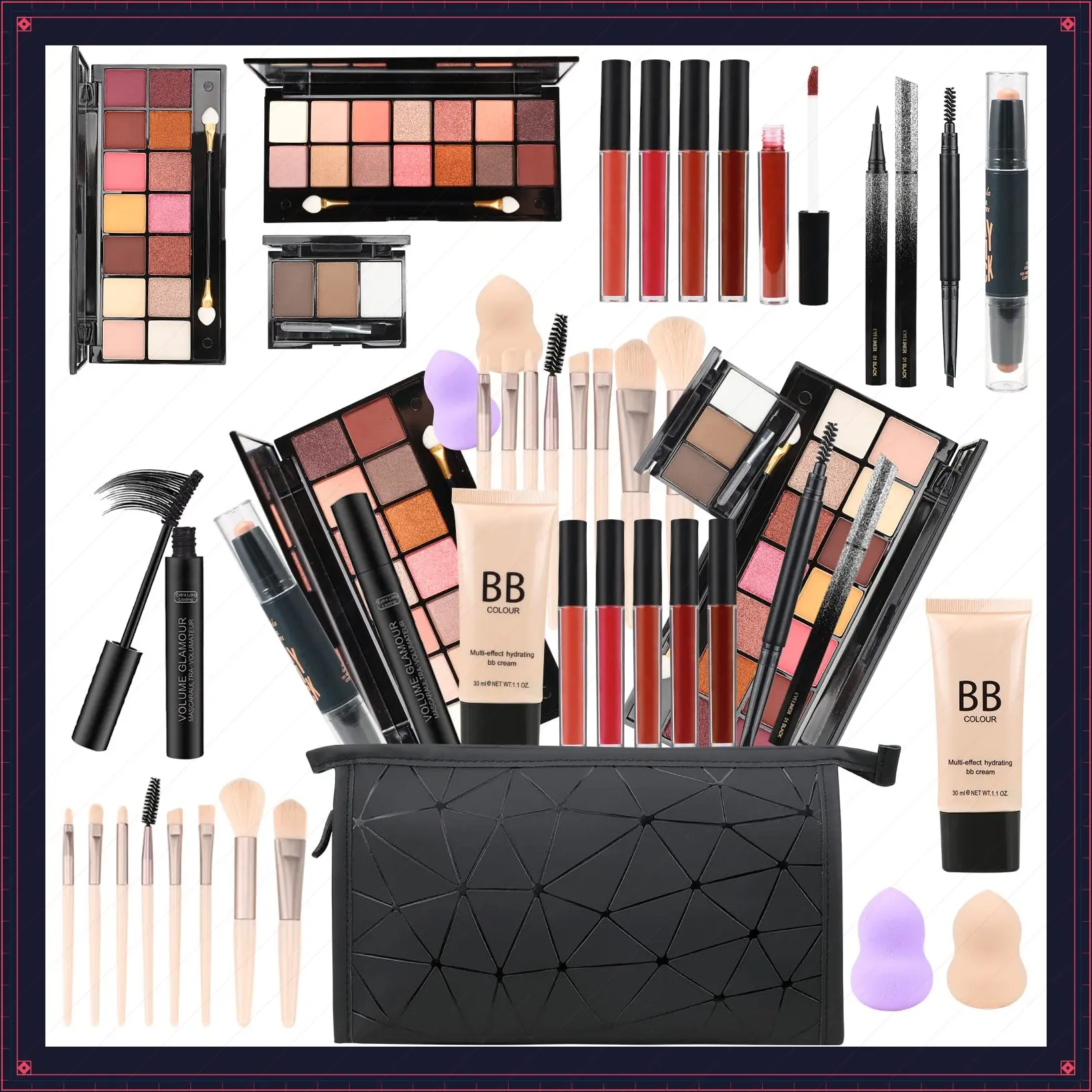 All in One Makeup Gift Set for Women Full Kit for2x14-color eyeshadow palettes,5xlipgloss sets,mascara,eyeliner,eyebrowpowder,eyebrow pencil, foundation, highlighter stick etc