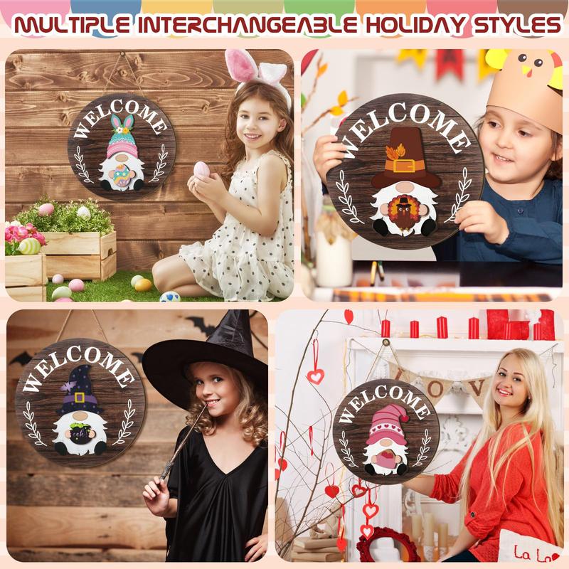 Easter Gnome Welcome Sign Gift Interchangeable Gnome Sign for Frontdoor Decor Wooden Gnome Sign with Magnet Detachable Hats Hands Gnome Wall Hanging for Easter Holiday Seasonal Party Birthday Home Office Living Room Farmer Porch Garden