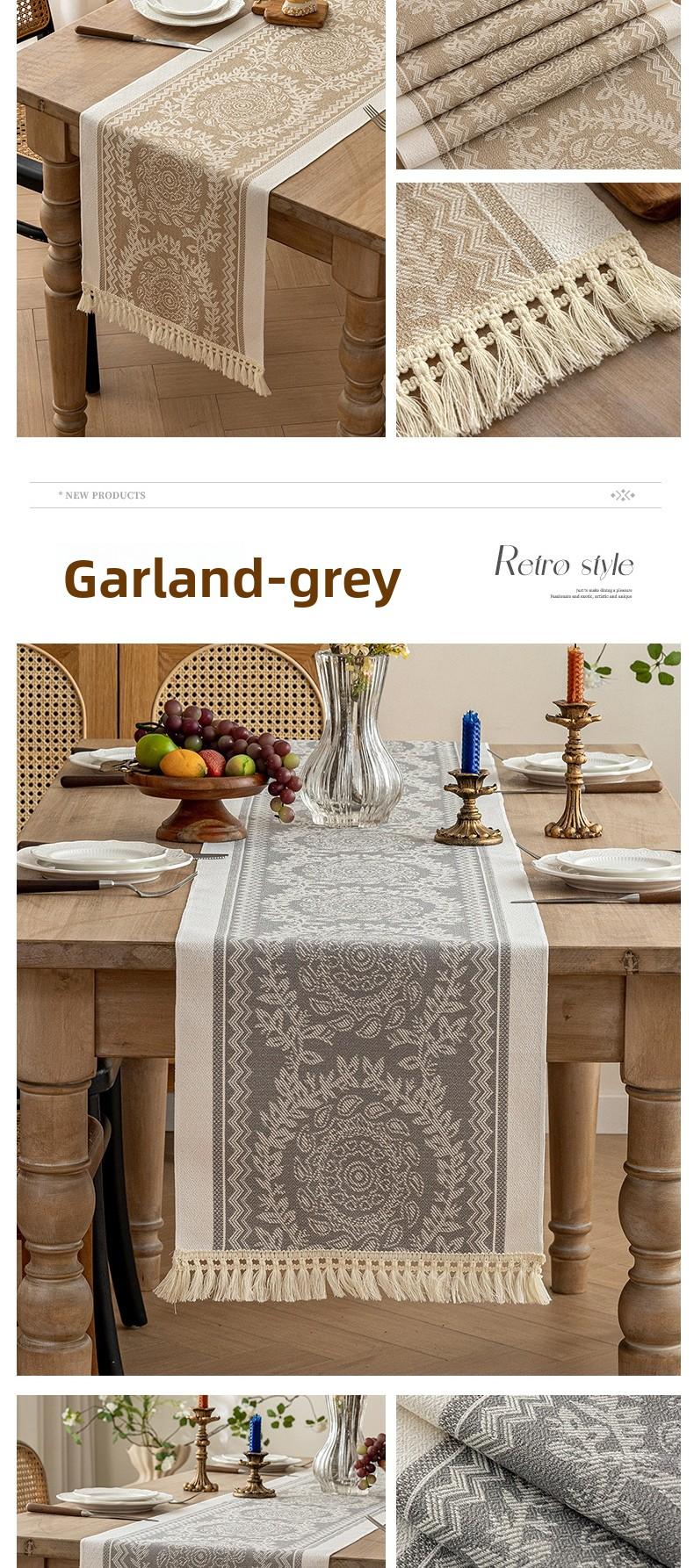 Nordic Style Waterproof Cotton Linen Table Runner, Jacquard Pattern with Tassel Trim, Dining Table Decor