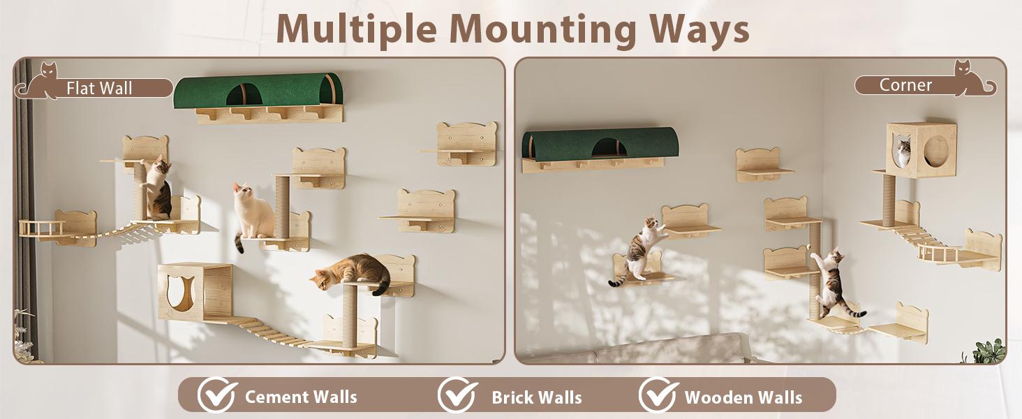 PUKAMI Cat Wall Shelves, Wooden Feline Furniture, 9 Pcs Set Wall Mounted Cat Shelves with Bed, House, Steps, Bridge Ladder and Scratching Post for Indoor Climbing, Sleeping, Playing