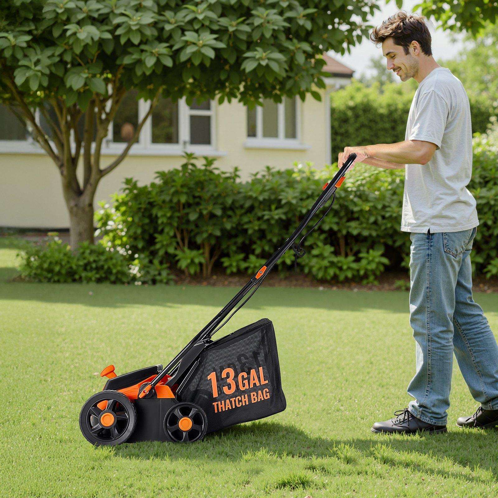 VEVOR 2-in-1 Electric Dethatcher and Scarifier, 13-Inch 13 Amp, Corded Lawn Dethatcher with 13-Gallon Thatch Collection Bag, 5-Position Depth Adjustment, Walk Behind Machine for Garden Yard Grass