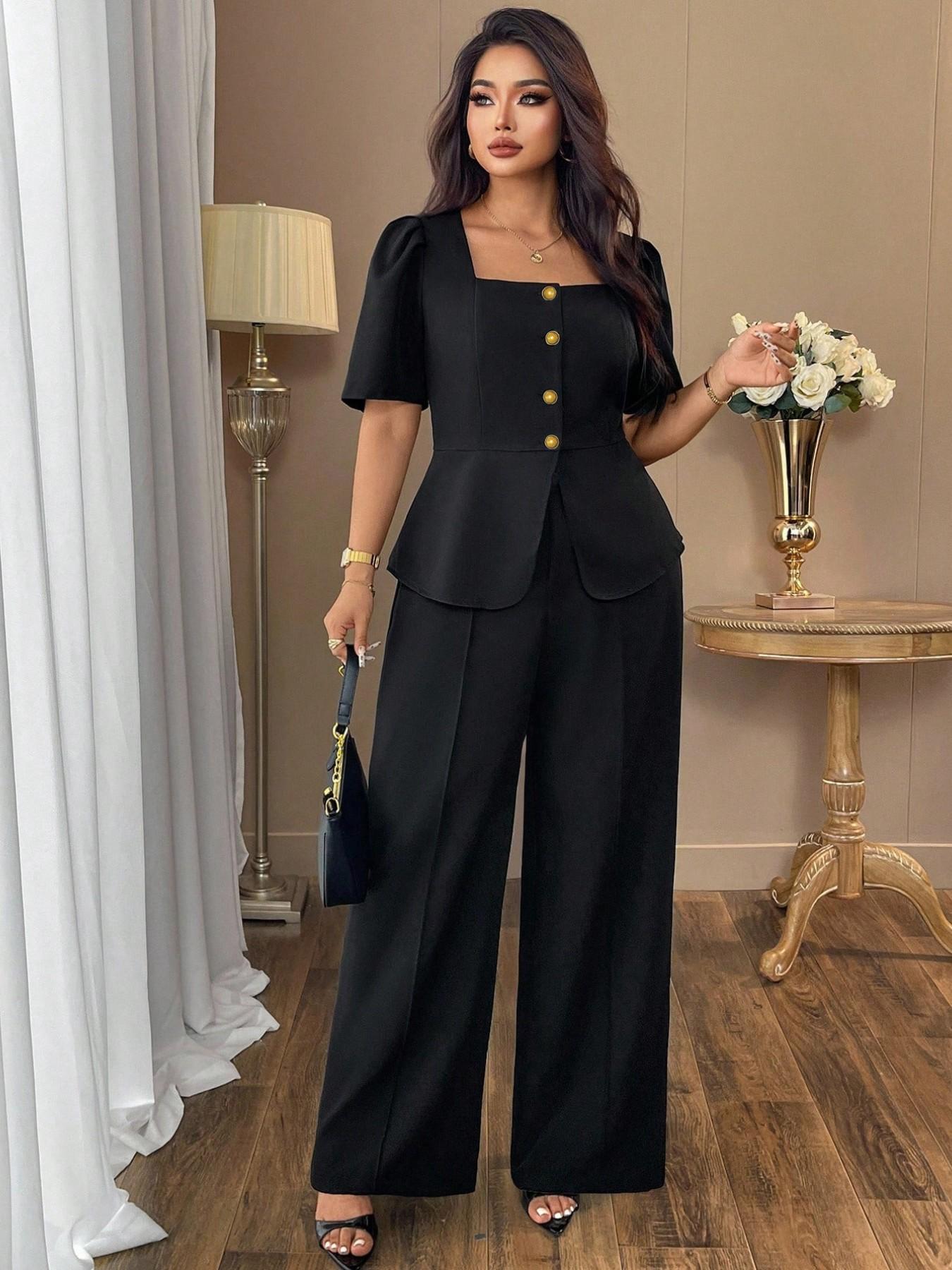 Women's Elegant Chic Minimalist Basic Blazer Set, Suits, Sleeveless Shirt & Ankle-Length Pants, Slim-Fit, All-Season, Business Casual, Perfect for Work & Leisure, Button