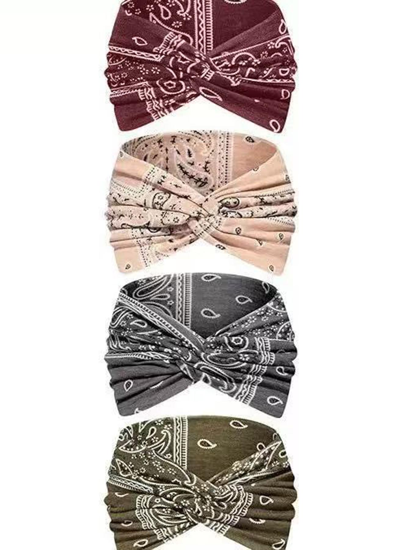 Women's Hairbands 4 Pack, Wide Thin Elastic Boho Dye Knot Headbands, Vintage Style for Sports Yoga Makeup Spa, Fashion Accessories