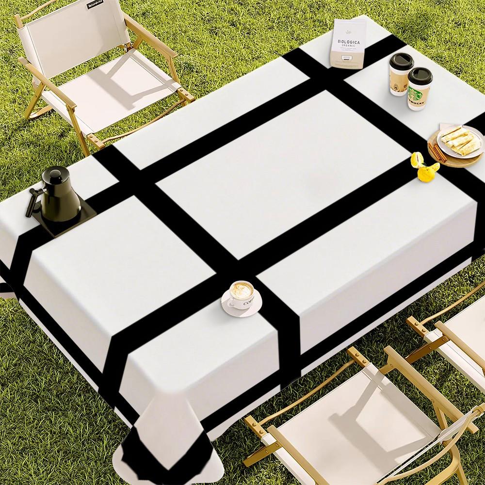 Rectangular White Tablecloth with Black Grid, Polyester Material, Waterproof & Oil - Resistant, Suitable for Home & Outdoor Use, Minimalist Style, Ideal for Wedding, Holiday, Birthday & Thank You Gifts, Cozy Dining Area Decor