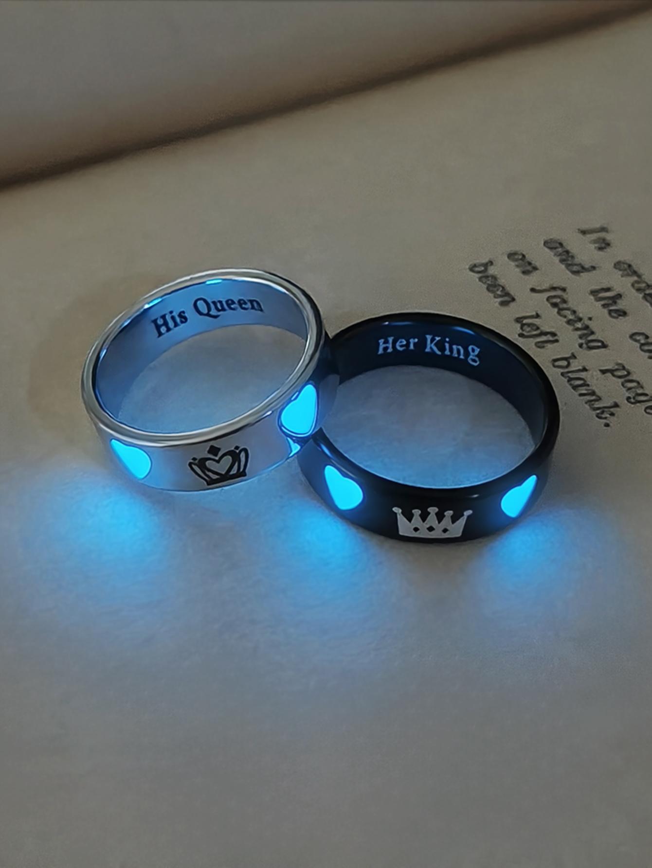 2 Pcs Glow-In-The-Dark Heart Crown Couple Ring Set, King Queen Alphabet Design, Ace Block Pattern, Fashion Jewelry for Women, Valentine Gift, Beautiful Rings, Fashionable Jewelry