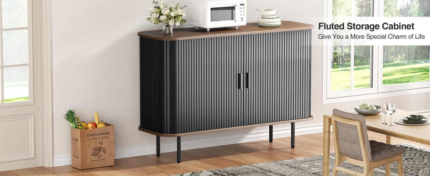 Vabches Buffet Sideboard Cabinet with Storage, Fluted Storage Cabinet Black with Curvy Edge; Sliding Door Coffee Bar, Accent Cabinet Credenza Console Table for Living, Kitchen, Hallway