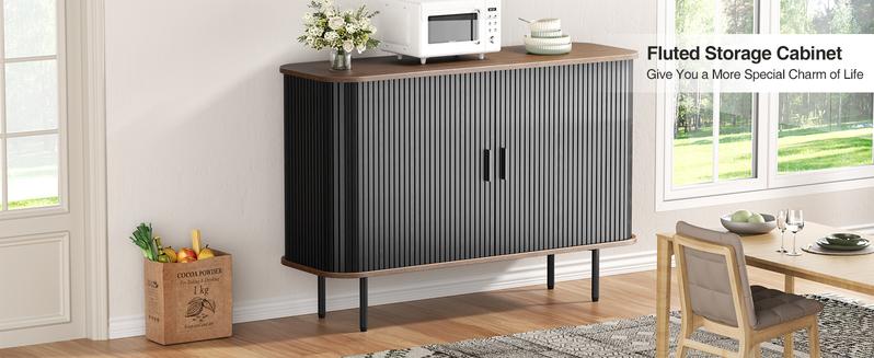 Vabches Buffet Sideboard Cabinet with Storage, Fluted Storage Cabinet Black with Curvy Edge; Sliding Door Coffee Bar, Accent Cabinet Credenza Console Table for Living, Kitchen, Hallway