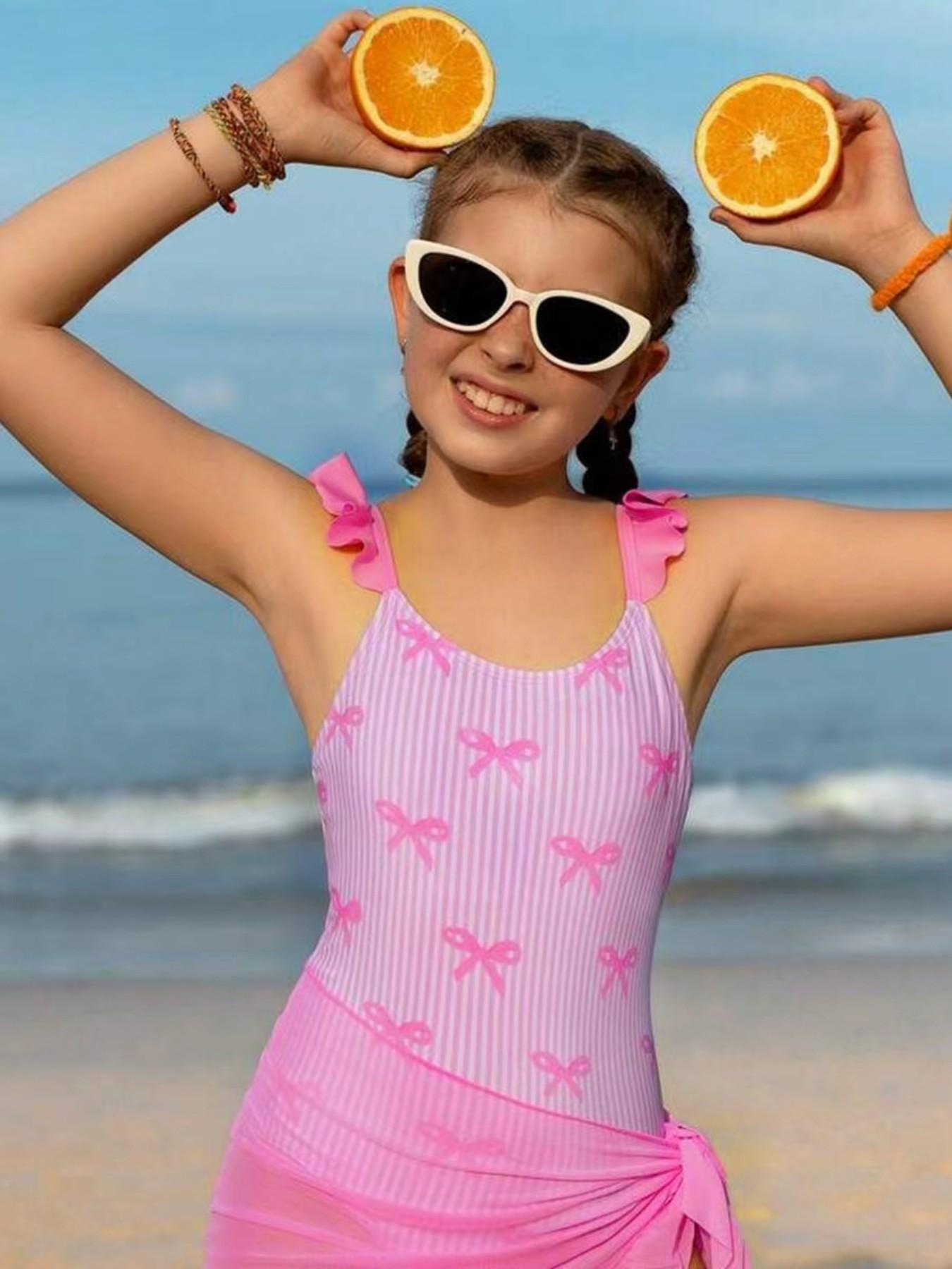 New Bowknot Printed Halter One-Piece Swimsuit, European Style Big Girls Swimwear, Sleeveless Two-Piece Beach Swimming Suit, Summer Swimwear, Tween Swimsuits