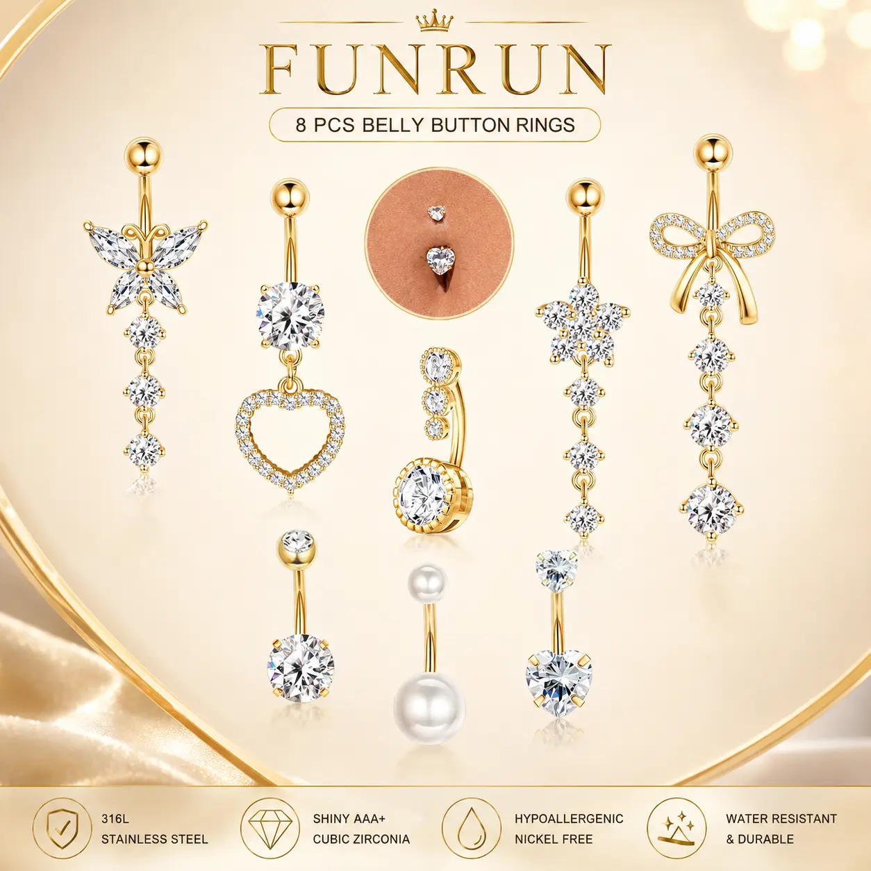 FUNRUN 8-Piece 14G Belly Button Ring Set for Women, Hypoallergenic Surgical Stainless Steel CZ Heart Butterfly Bow Pearl Dangle Navel Jewelry