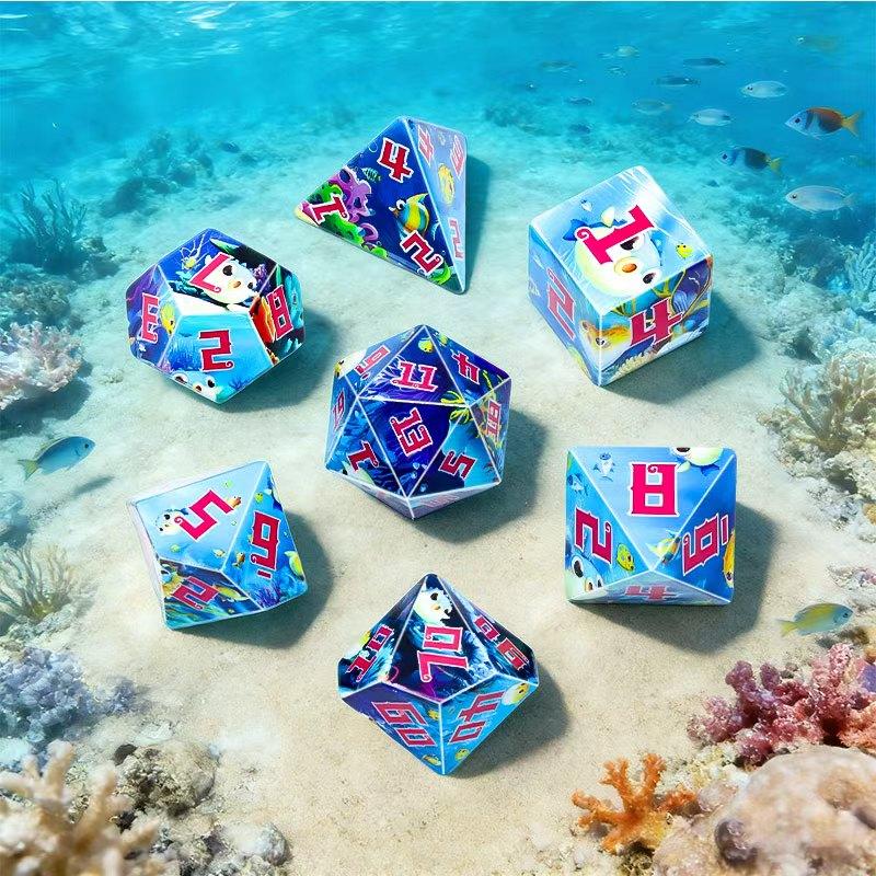7-Piece Blue Underwater Dodecahedron Dice Set, Includes Storage Bag, Perfect for D&d, Rpg, and Tabletop Games Accessories
