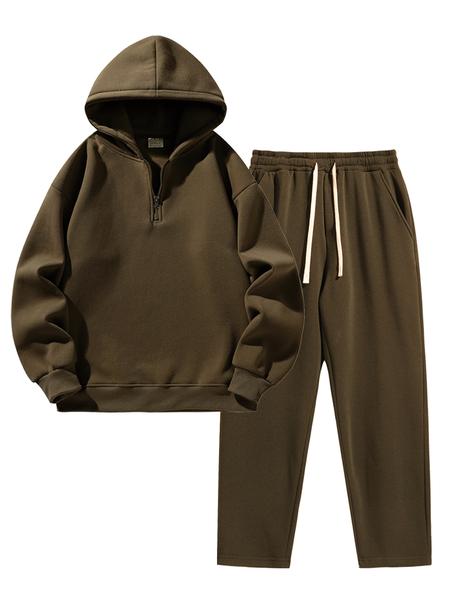 Men'S Plain Drop Shoulder Sweatsuit Set, Casual Half Zip Hoodie & Drawstring Sweatpants With Pocket