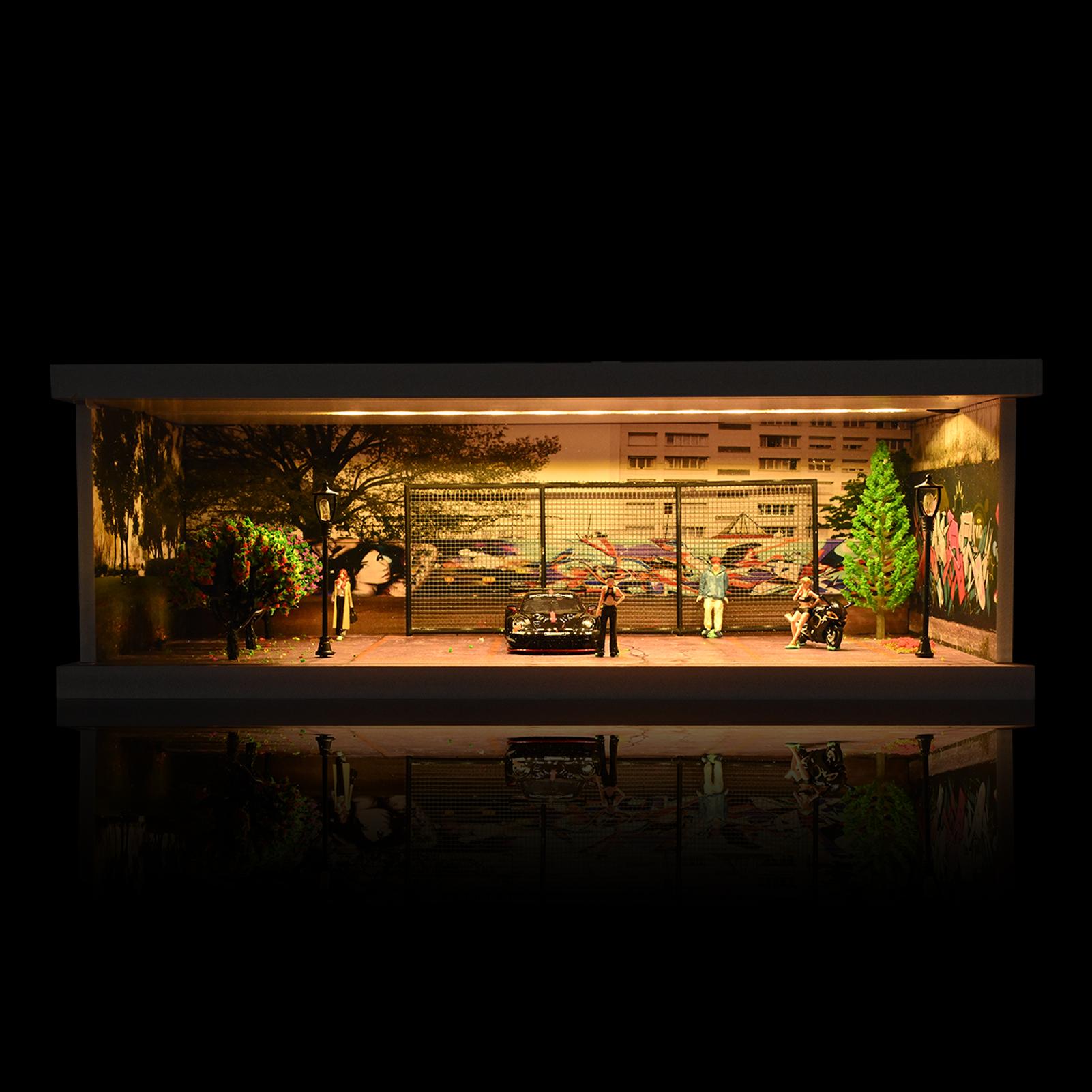 Diorama 1:64 Scale Car Garage Model With LED Lighting Fits For 1/64 Hot Wheels Diecast Model Car City Street Car Parking Lot Backdrop Display Model  Collection Toy Gift with Acrylic Dust Door