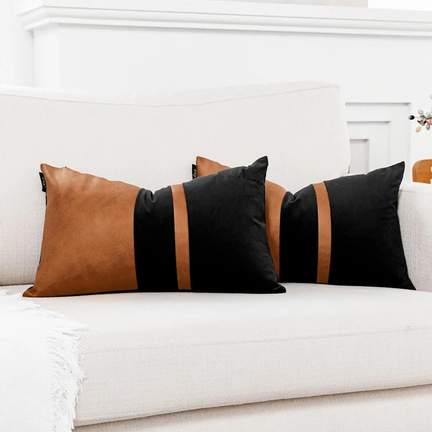 Set of 2 Black and Brown Decorative Throw Pillow Covers 12x20 Inch Faux Leather and  Patchwork Pillow Cover,Modern  Accent Pillow Case for Living Room Couch Bed Boho  Decor
