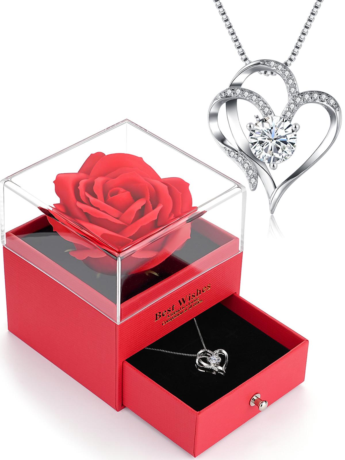 gifts for Women, Preserved Rose with Heart Necklace, gifts for Mom Wife Women Sister Grandma Girlfriend Her, Mothers Day  gifts from Daughter Son Birthday Christmas Valentines Day decorative gift box