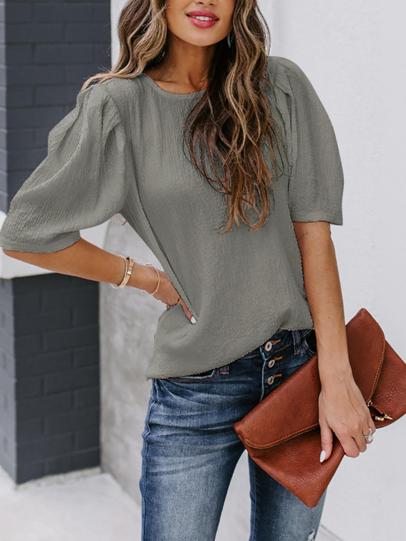 French Bubble Sleeve Solid Color T-Shirt for Women, Summer Simple Round Neck Short Sleeve Top, European and American Style Casual Basic Shirt