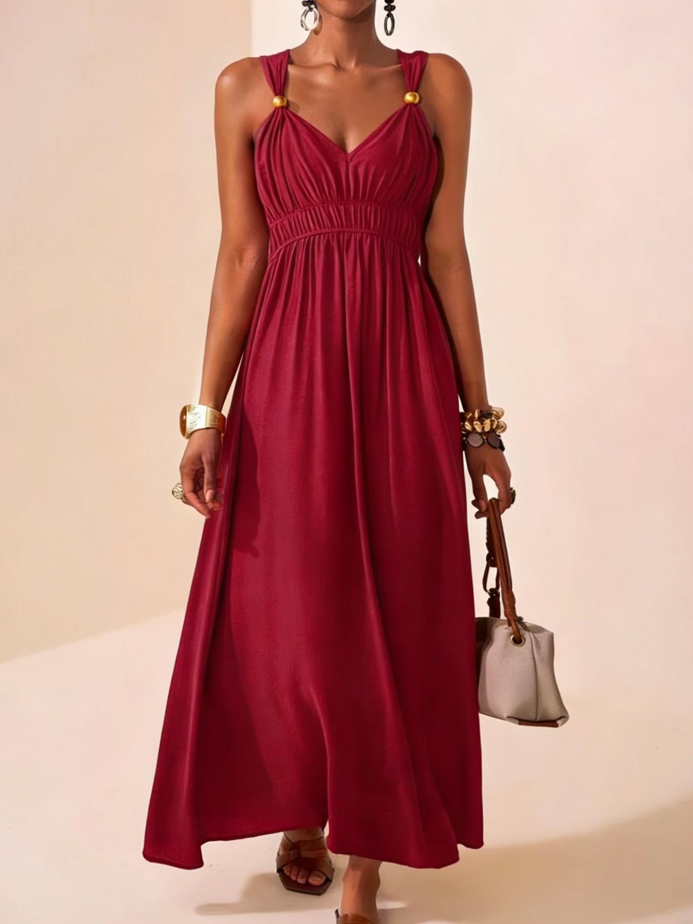 Women's Thin Strap Sleeveless Deep V Long A-Line Dress, 2026 Summer New Minimalist Elegant Chic, Perfect for Parties, Events and Evening Formal Wear