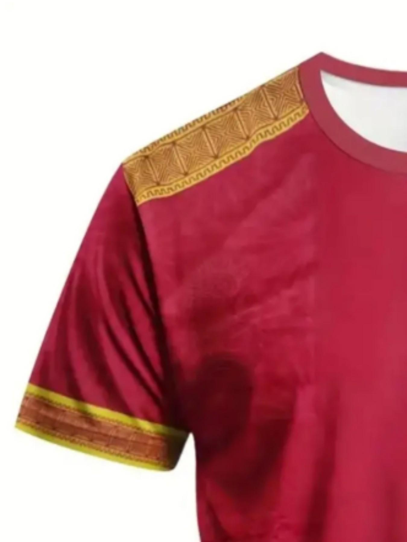 Men's Tribal Trim Sporty T-Shirt, Ethnic Style Round Neck Short Sleeve Top, Loose-Fitting All Seasons Clothing