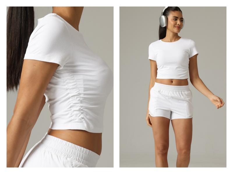 Colorfulkoala Women's Sorona Crew Neck Short Sleeve Tops with Side Ruched Waist Slim Fit Design Workout Shirt