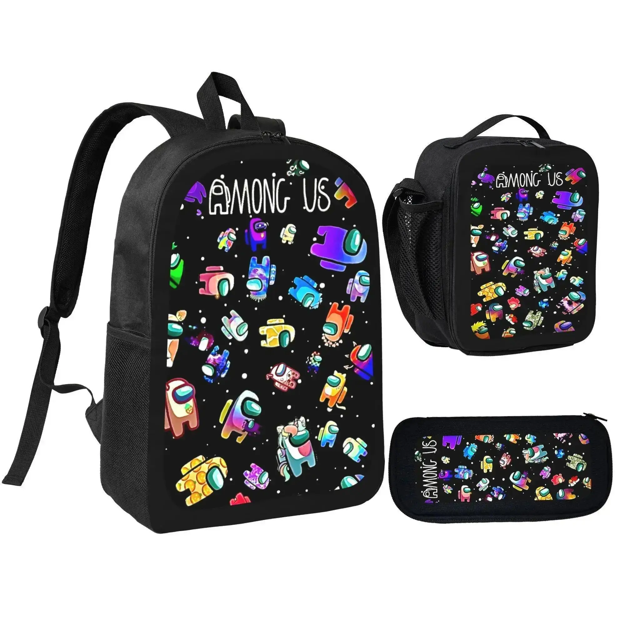 School Bag Among Us 3-Piece Kids' Backpack Set - School Bag for Boys, Gamers, Includes Lunch Box, Pencil Case, Crewmate Gym Shoulder Bag for Holidays, Birthdays, Boy, Crewmate Art, Adjustable Straps, 3-Pieces, Space Graphics, Complete 3-In-1 Gaming Bundle
