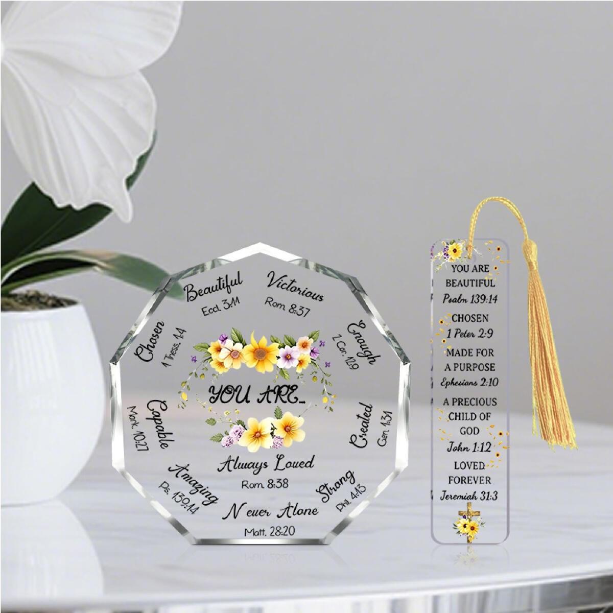 2pcs/set Christian Sunflower Scripture Octagonal Desktop Decoration + Yellow Tassel Bookmark, Fresh Watercolor Floral Style Ornament, Suitable for Desk, Church, Home ＆ Office Decoration, Warm Gift for Christians