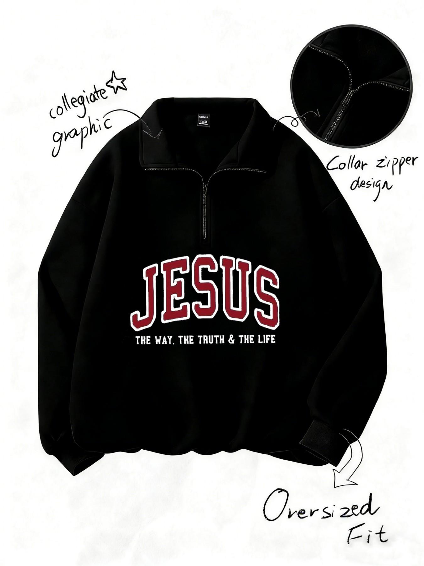 "JESUS" Aesthetic Half Zip Oversized Long Sleeve Sweatshirt, Y2K Christian Graphic Hoodie, Cozy Fleece Drop Shoulder Pullover, Vintage Washed Finish, Daily & Streetwear, Religious Print Top, Casual Pullover Tops, Womenswear