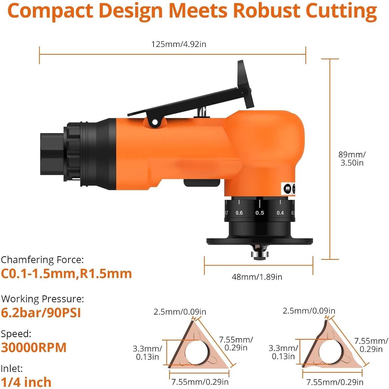 Pneumatic Chamfer Air Deburring Tool Complete Kit - 30000 RPM, 4-Speed Control, 0.1-1.5mm Tungsten Carbide R-Round/C-Square (22 Pcs), Quick Change Design for Metal, PVC
