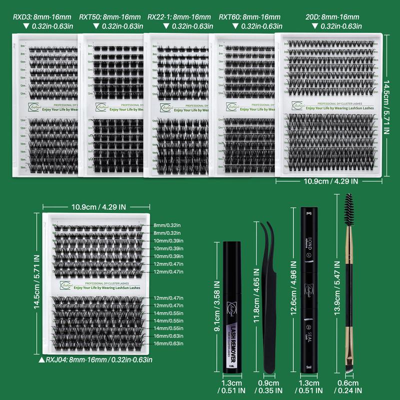 LASHSUN CHRISTMAS GIFT 10PCS Kit , D Curl 8-16mm DIY Lash Clusters Kit Multi-Type Lash Volume Eyelash Clusters with Bond&Seal Lash Remover Lash Brush Tweezers Eyelash Set