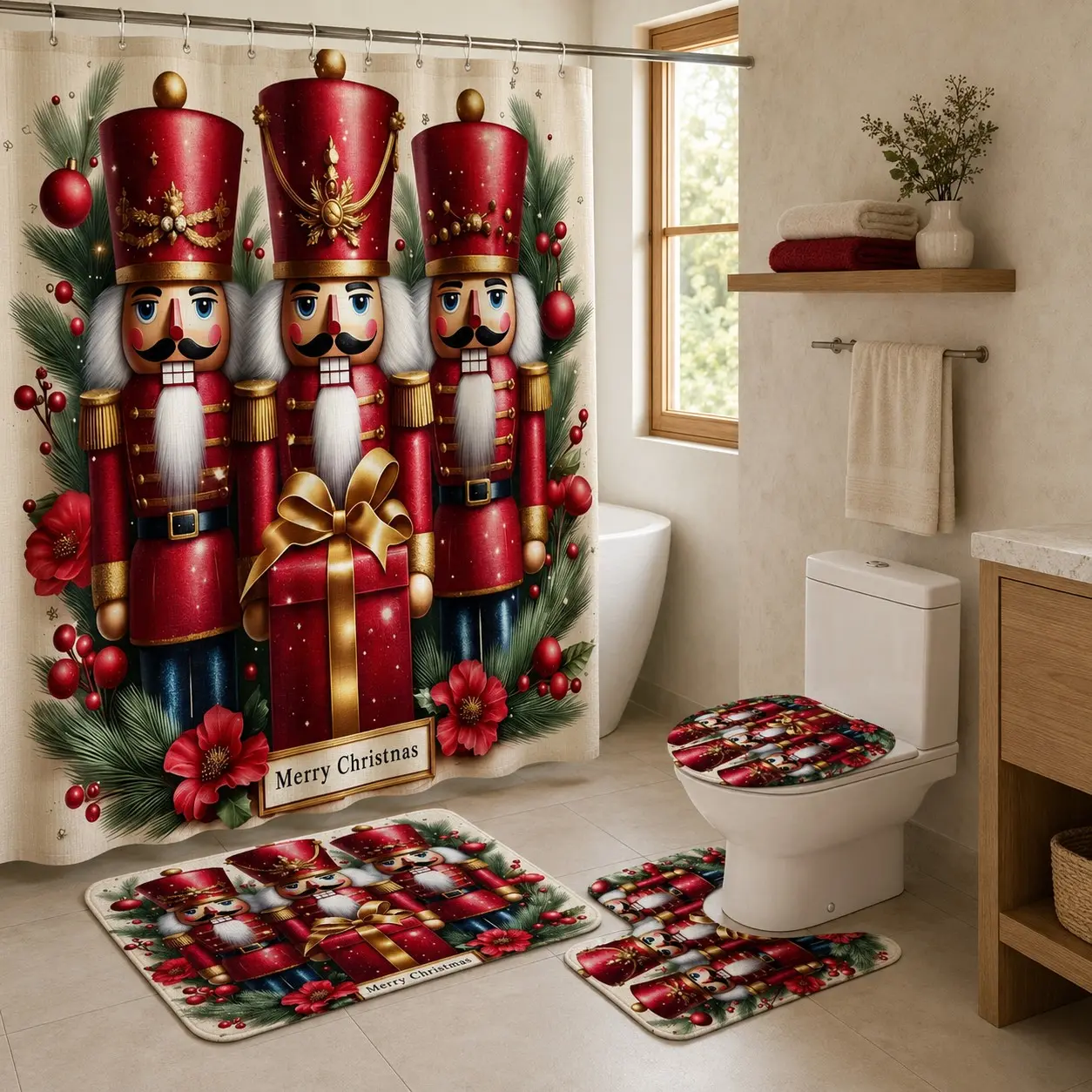 4pcs Christmas Nutcracker Bathroom Curtain Set, Festive Soldiers, Crown, Poinsettia Patches, Pine Branches, Holiday Decor
