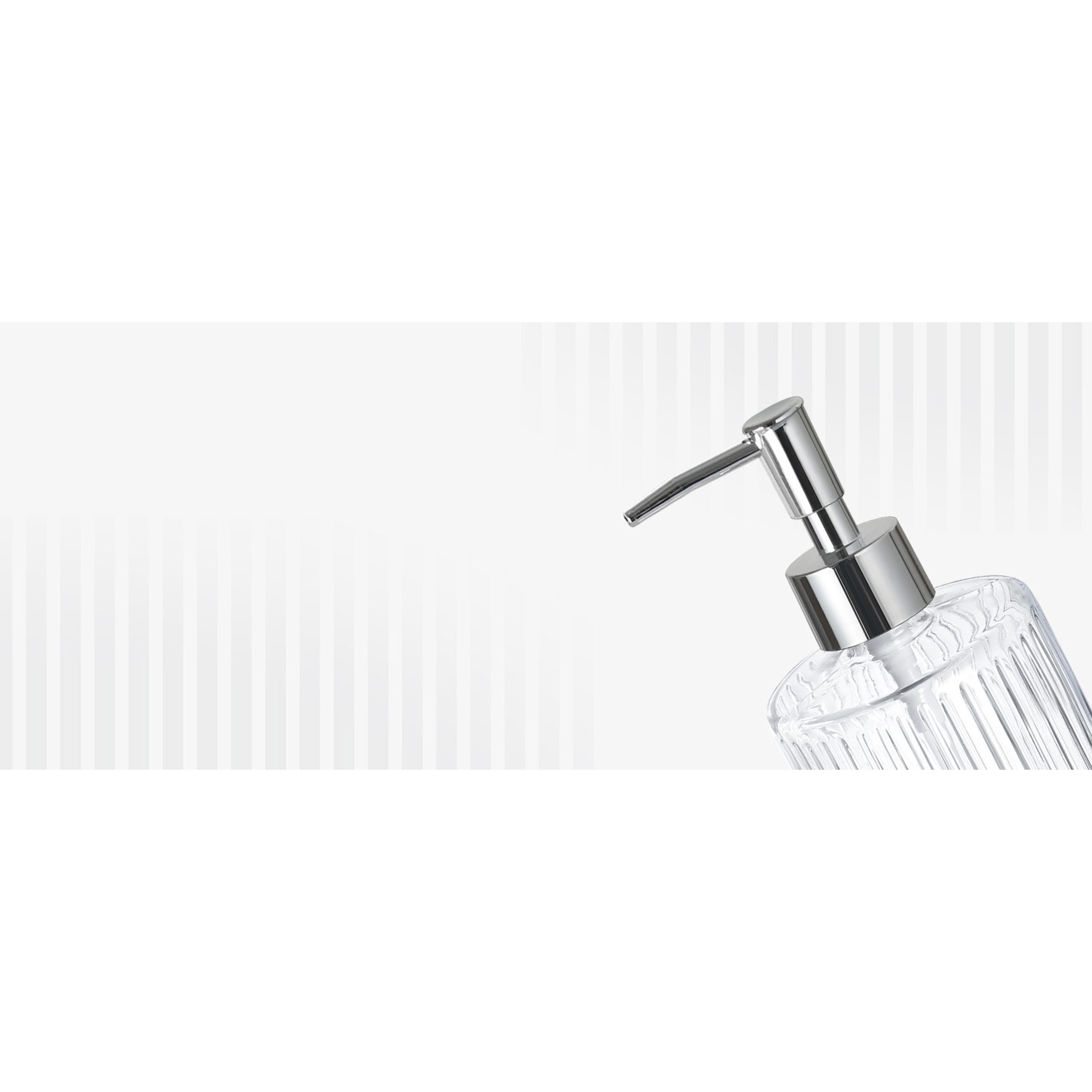 4-Piece Ribbed Glass Bathroom Accessory Set - Silver Modern Counter Decor with Soap Dispenser, Toothbrush Holder, and 2 Qtip Holders, Four Pieces