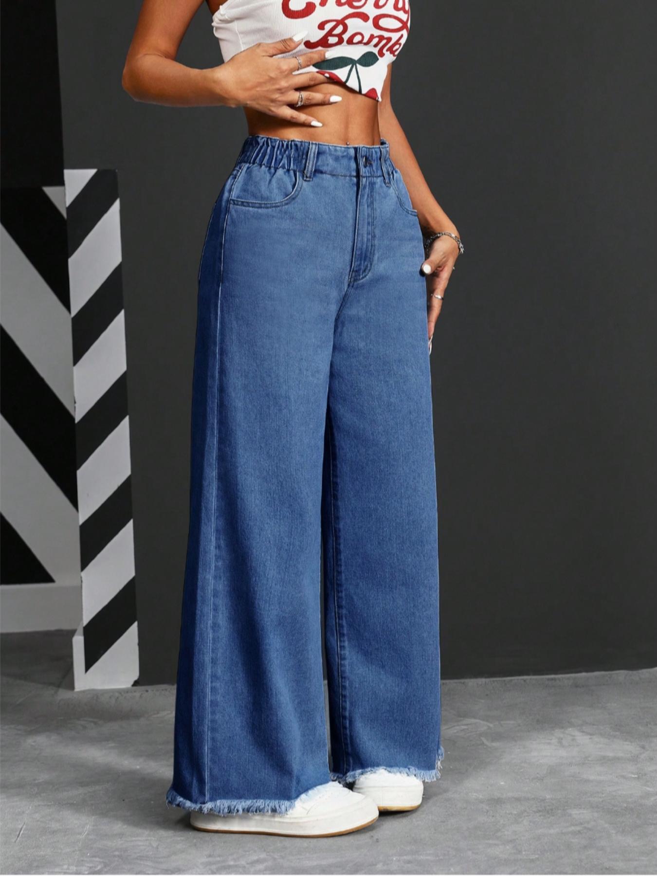 Women's High Waist Denim Jeans, Elastic Waist Design, Pockets with Buttons, Casual Fashion, Fuzzy Hem, Comfortable Pants for All Seasons