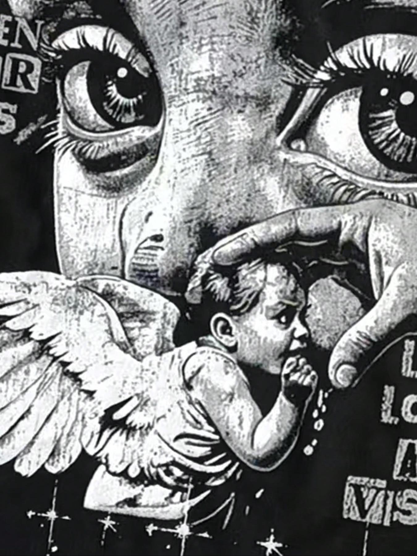 Men's Vintage Casual Streetwear Street Style Saint Print Long Sleeve Round Neck T-Shirt, Loose-Fitting Short Fit, Fall 2000s Fashion