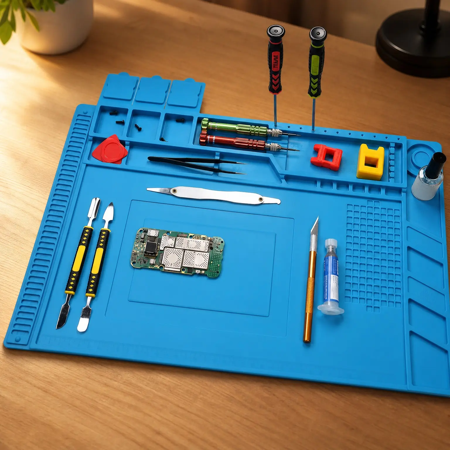 Silicone Soldering Mat for Electronic Repair, 17.7 x 11.8 inch, Heat Resistant 932°F Anti-Static Solder Mat with Magnetic Screw Tray, Scale Ruler, BGA, Phone Watch Laptop PCB Workbench